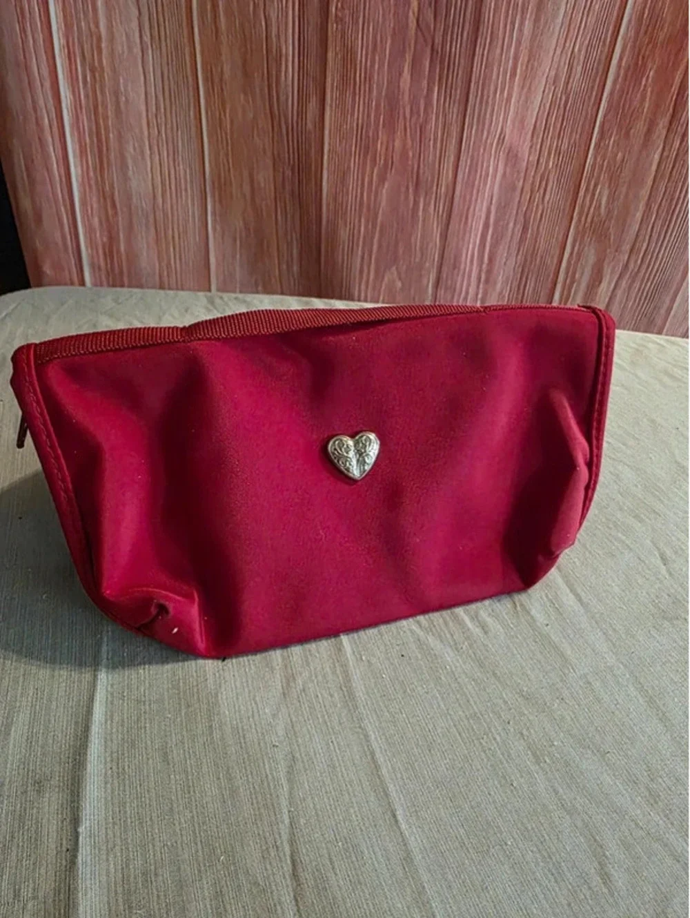 Red Nylon Cosmetic Travel Pouch w/ Silver Heart & Clear Zip Pockets